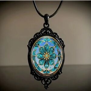 Steampunk Blue Petal Pattern Glass Cameo Black Frame, Gothic Pendant Necklace